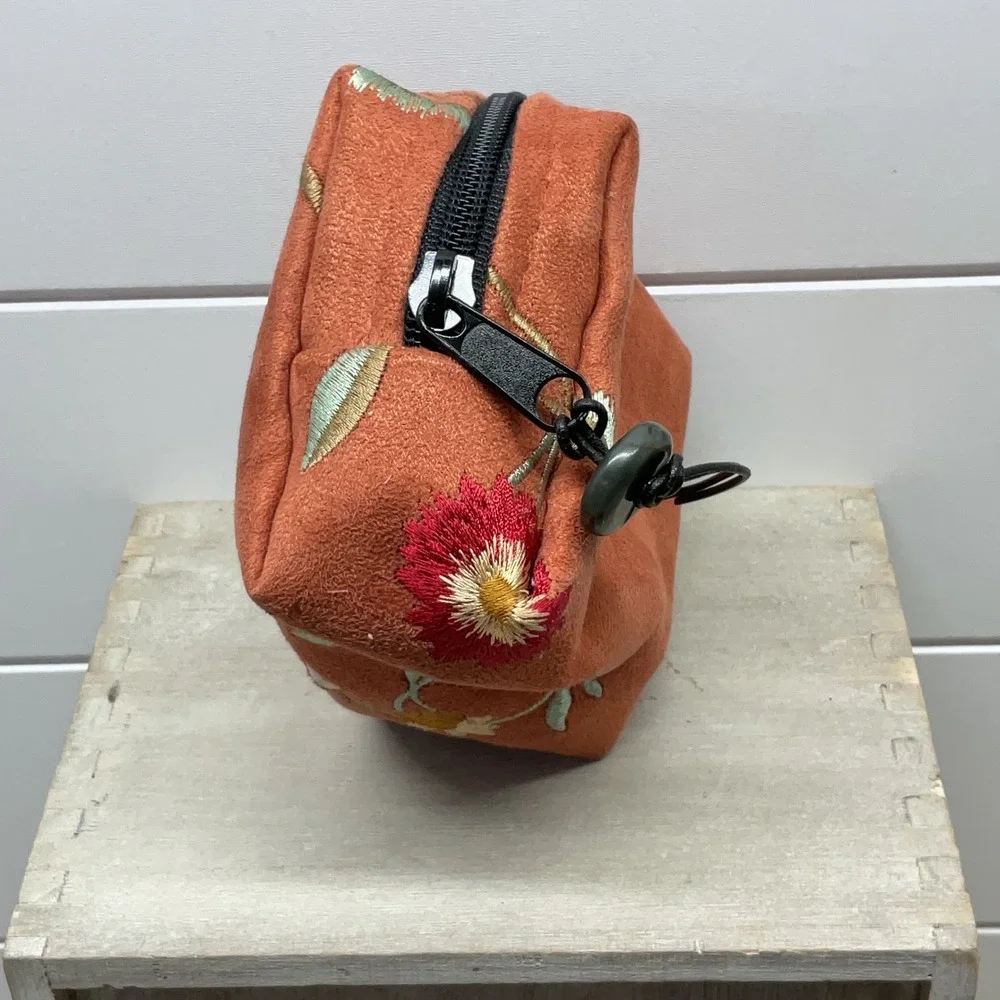 Sally Spicer San Francisco Burnt Orange Floral Embroidered Faux Suede Pouch Bag